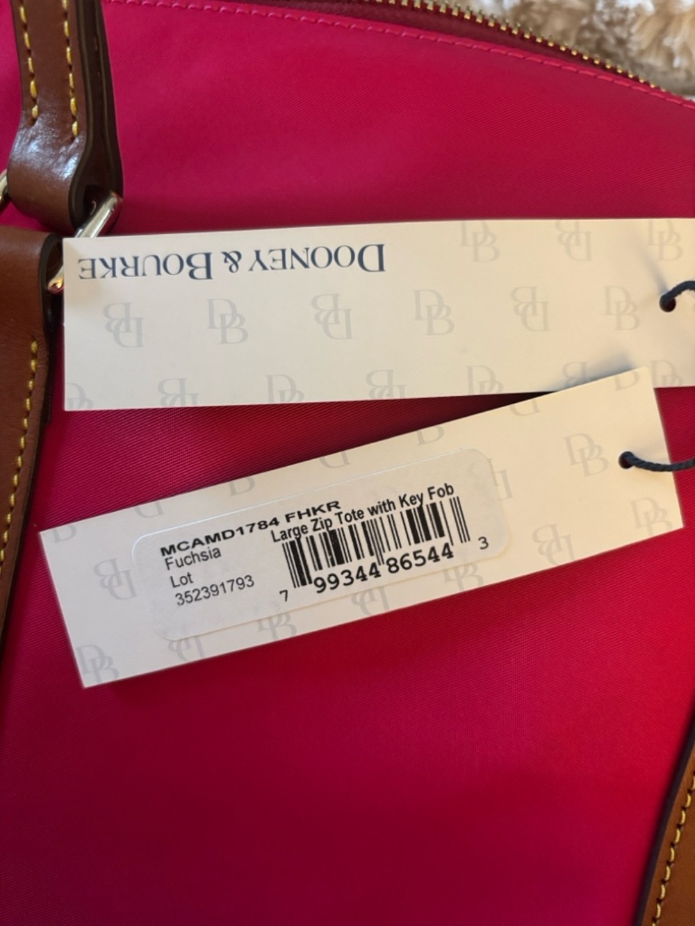 Dooney & Bourke Wayfarer Nylon Zip Tote Fuchsia accents Brown leather Trim NWT - Picture 8 of 12